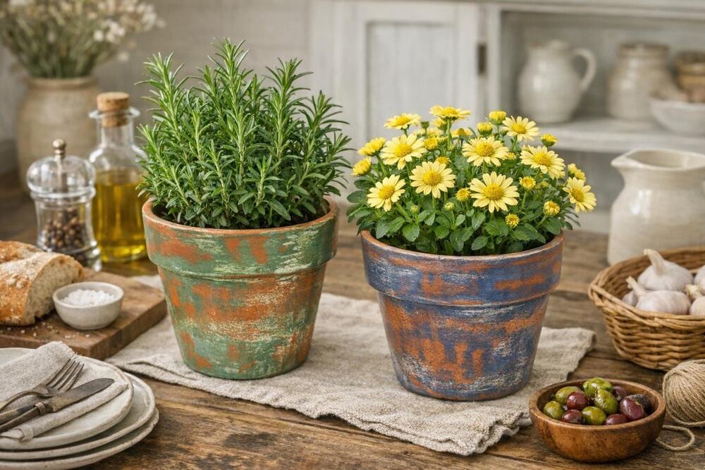 Vintage-Style Distressed Terracotta Pot – Blue Farmhouse Cottagecore Pot (4")